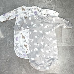 Bundle of 2 Carter’s fleece sleep sacks, 0-9 months, grey/white/purple